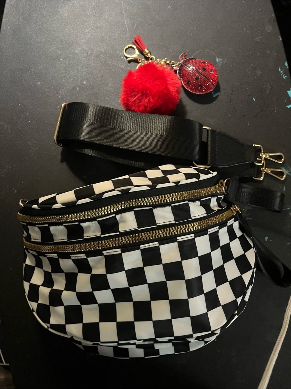 Checkerboard Crossbody Belt Bag with Red Pom Keychain